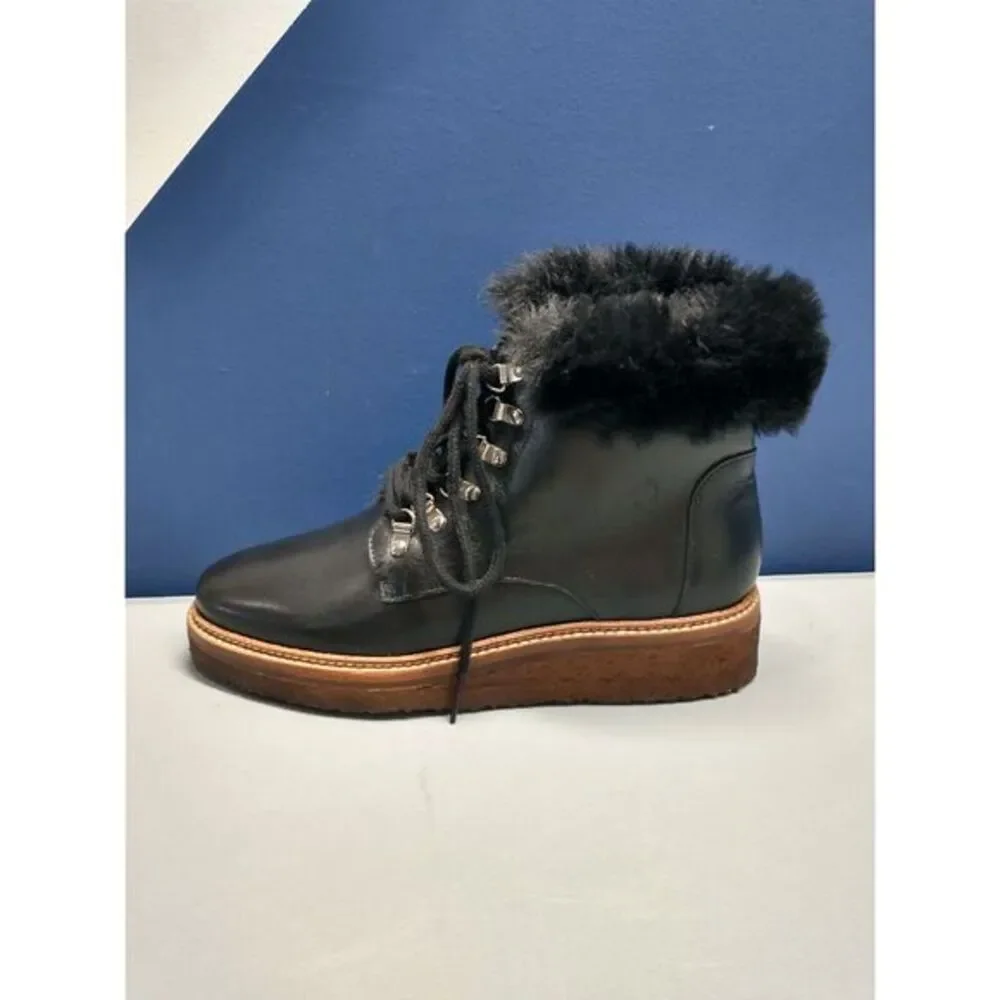 Botkier Winter Snow Boots Womens Size 6 Black Leather Faux Fur‎ Lining Lace Up